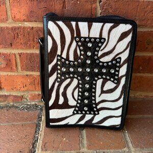 Zebra Print Cowhide Leather Bible Cover with Studded Cross